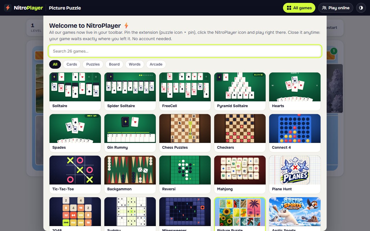 The list of games in the NitroPlayer Chrome extension