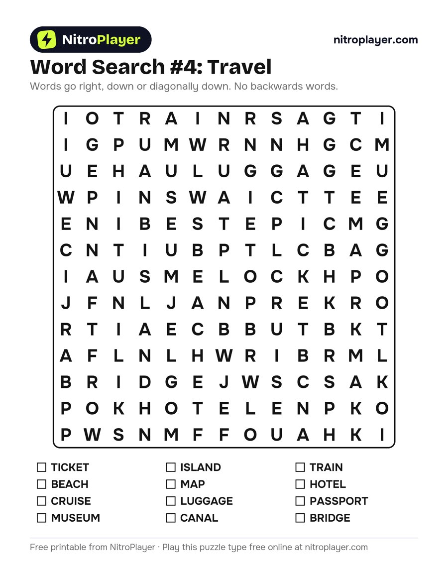 Large print word search #4: Travel
