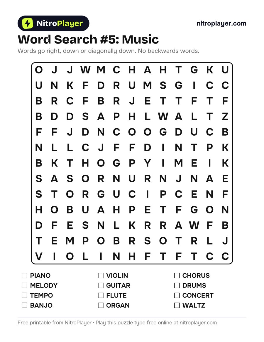Large print word search #5: Music