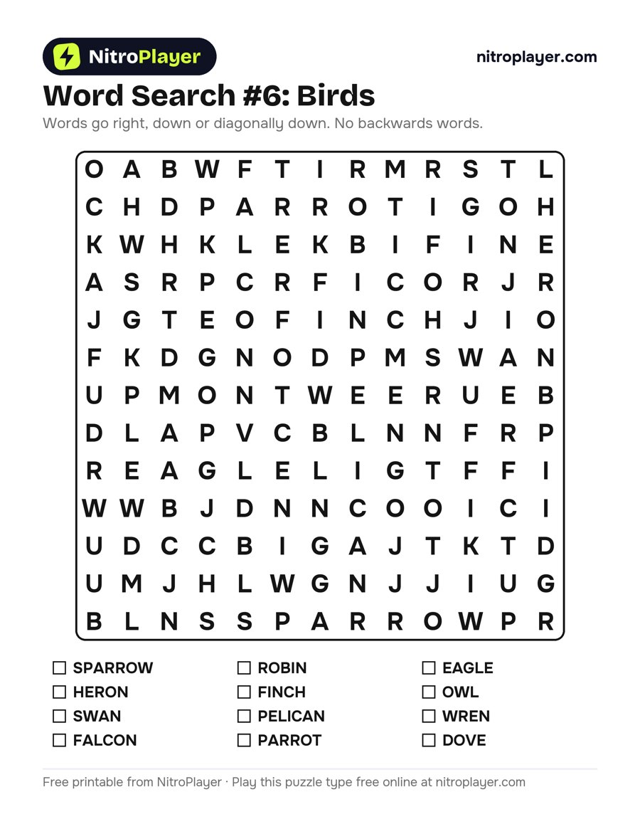 Large print word search #6: Birds