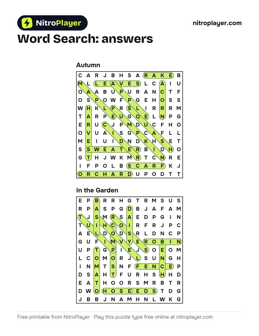 Word search answers: Autumn and In the Garden