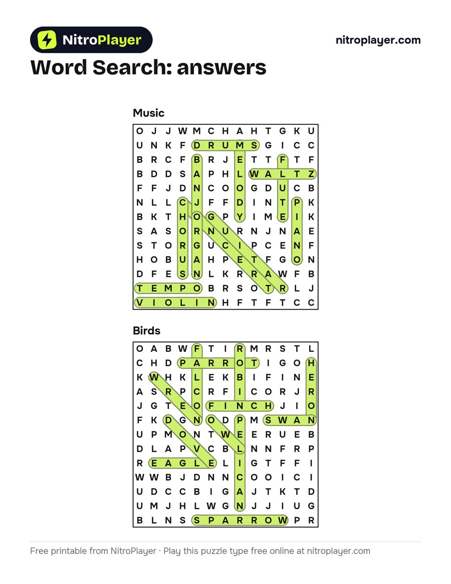 Word search answers: Music and Birds