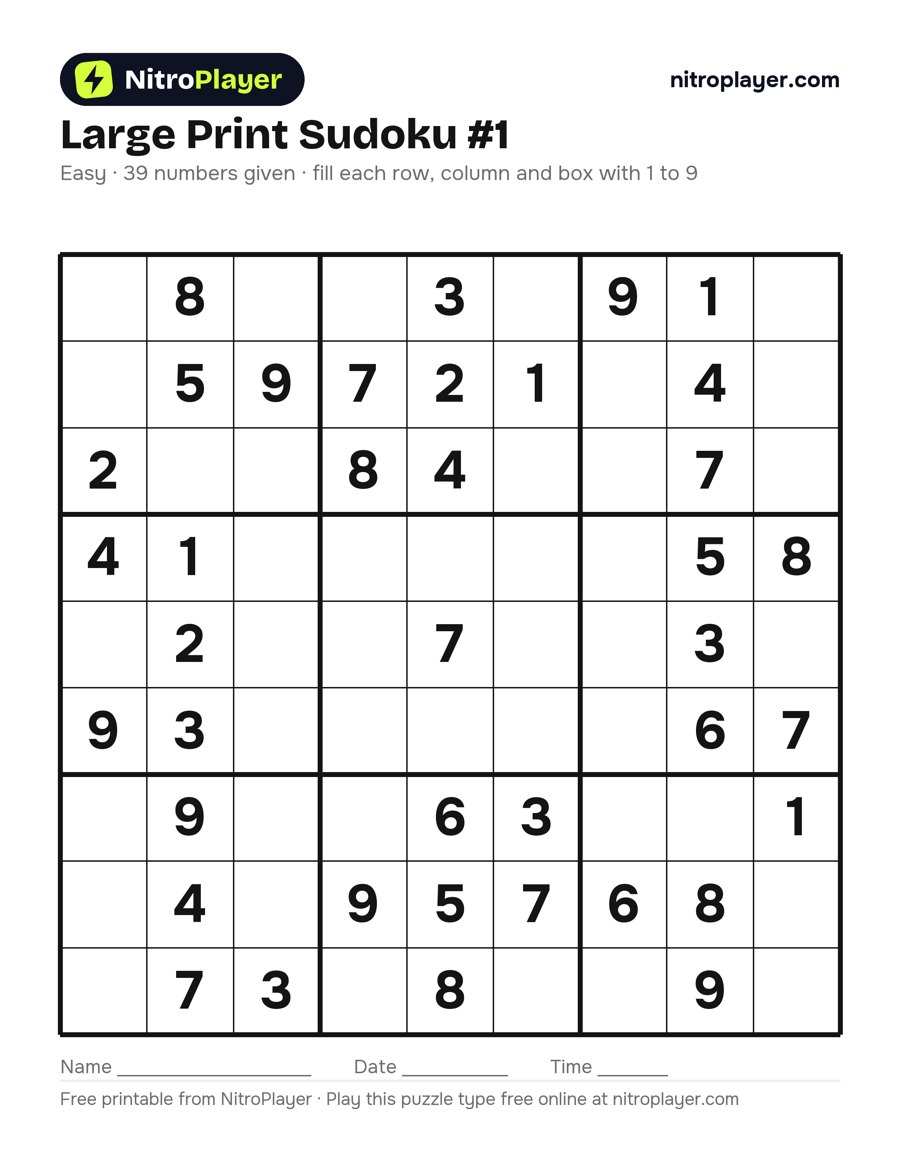Large print sudoku #1, easy, 39 numbers given