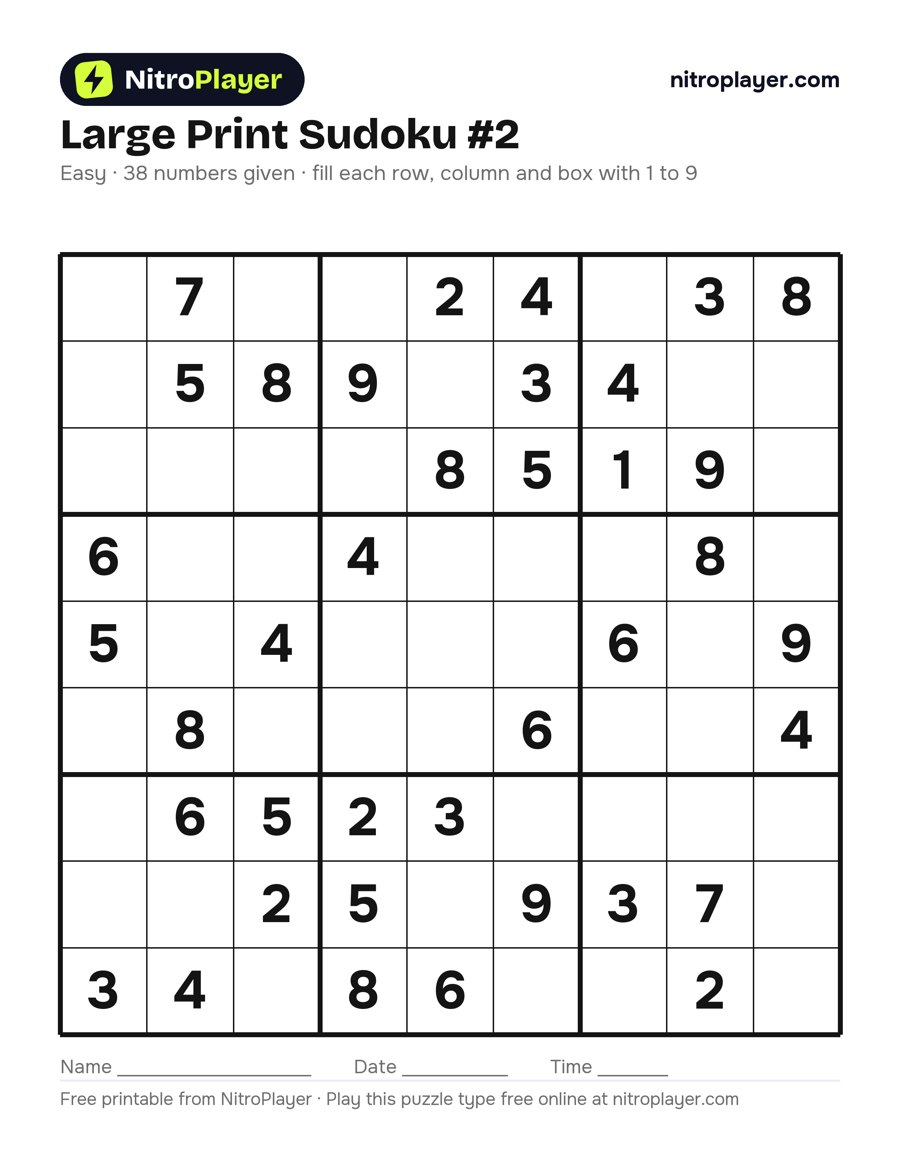 Large print sudoku #2, easy, 38 numbers given