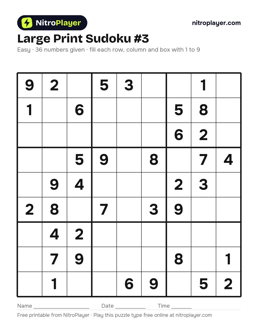 Large print sudoku #3, easy, 36 numbers given