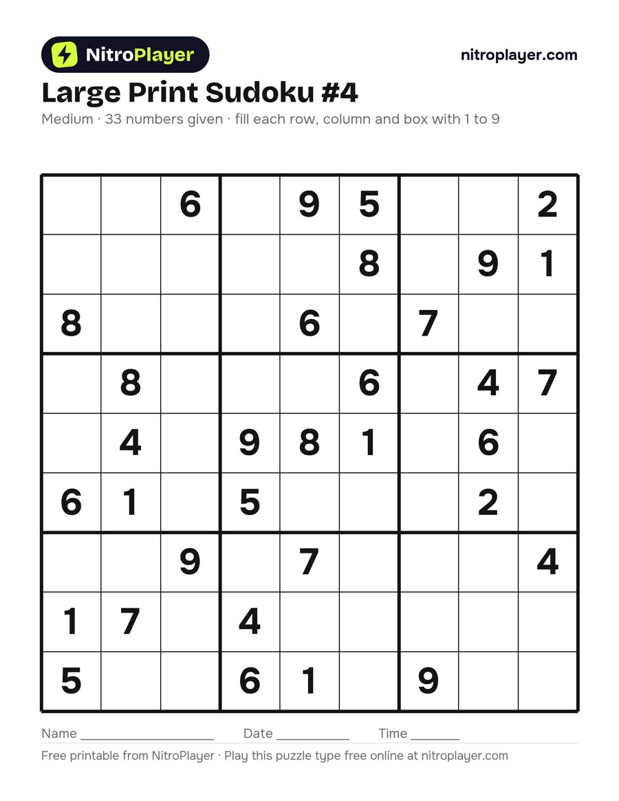 Large print sudoku #4, medium, 33 numbers given