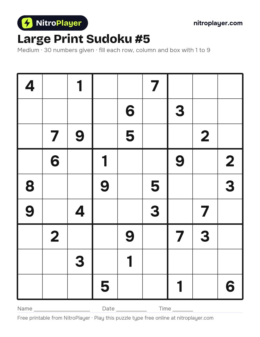 Large print sudoku #5, medium, 30 numbers given