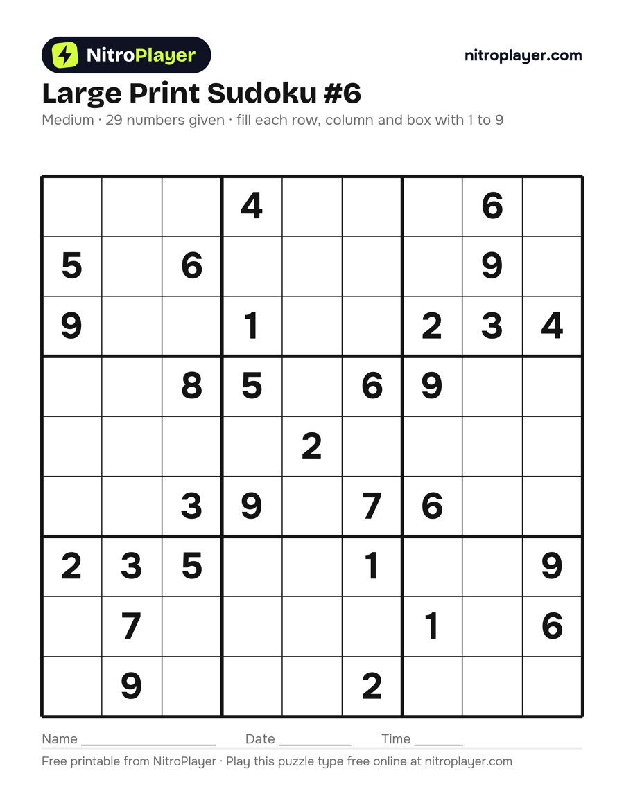 Large print sudoku #6, medium, 29 numbers given