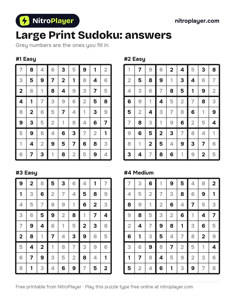 Answers for large print sudoku #1 to #4