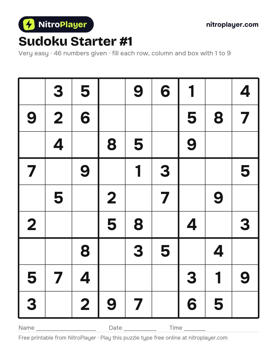 Sudoku starter #1, very easy, 46 numbers given