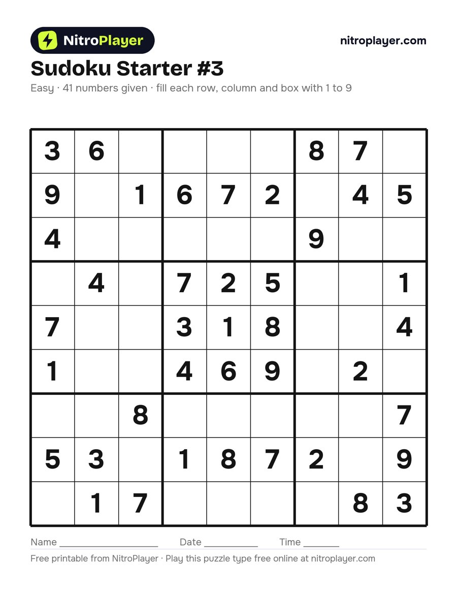 Sudoku starter #3, easy, 41 numbers given