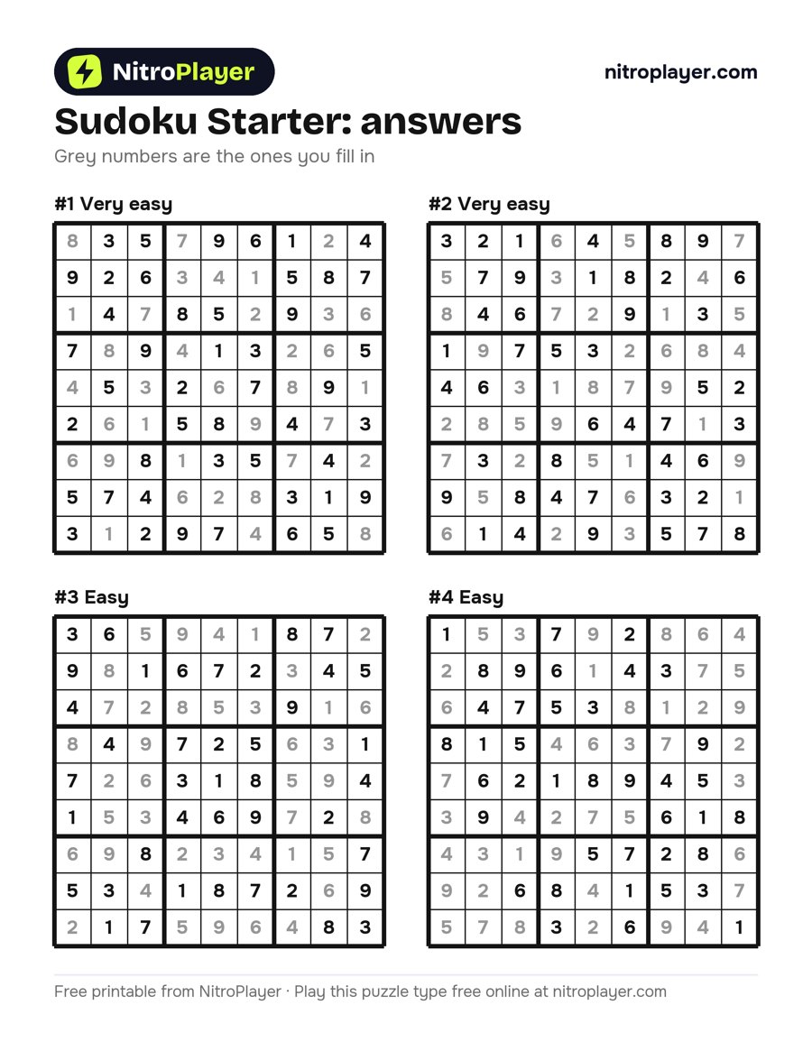 Answers for sudoku starter #1 to #4