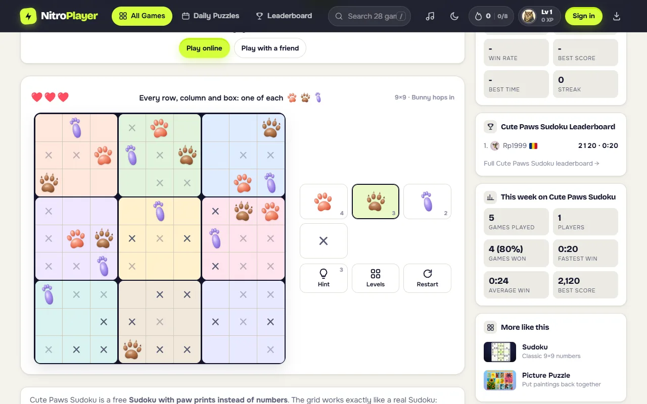 Cute Paws Sudoku board with paw prints and X marks in colored boxes in a desktop browser