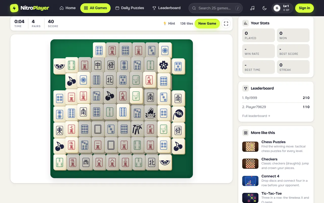 Mahjong solitaire tile layout in progress in a desktop browser