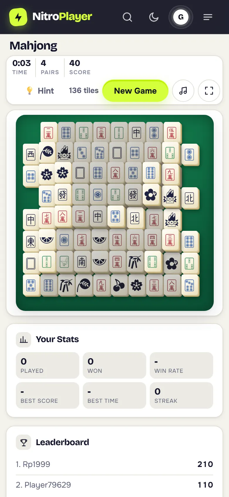 Mahjong solitaire tile layout in progress on a phone