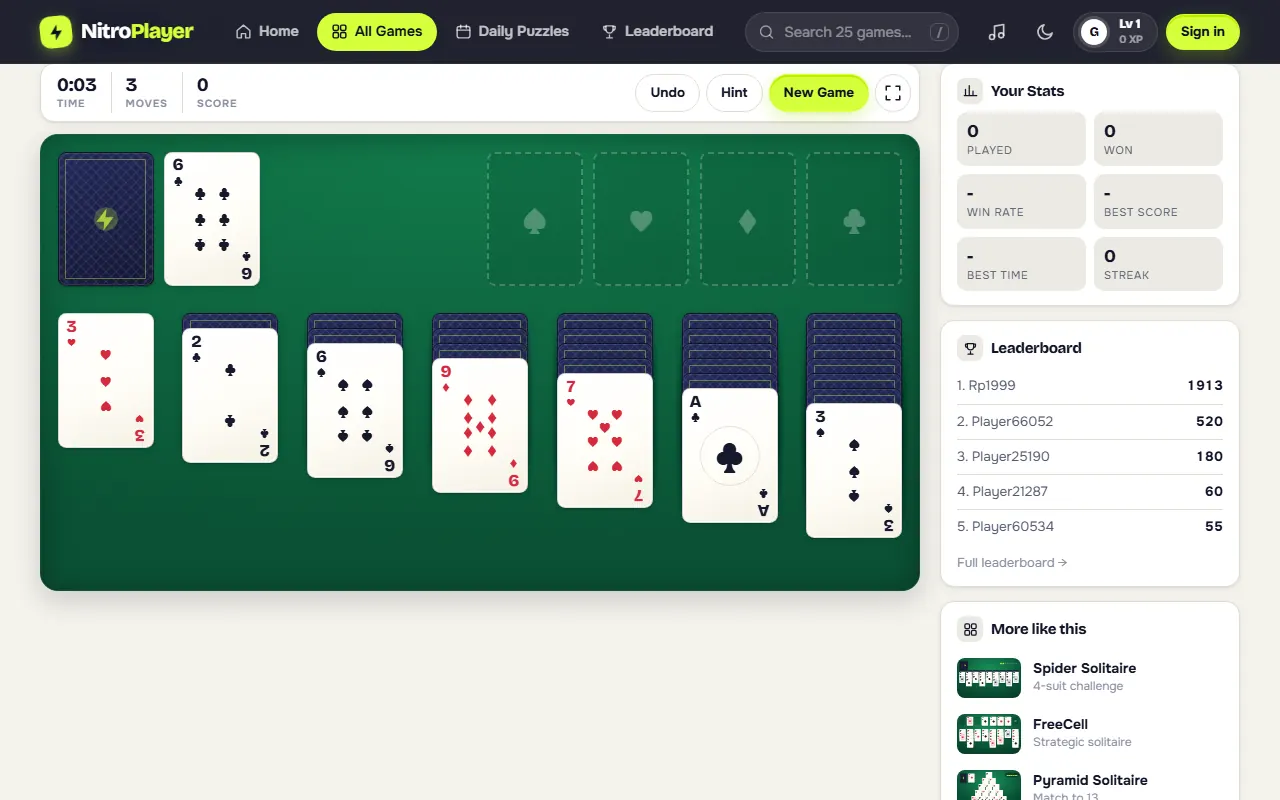 Klondike Solitaire game in progress with seven tableau columns in a desktop browser