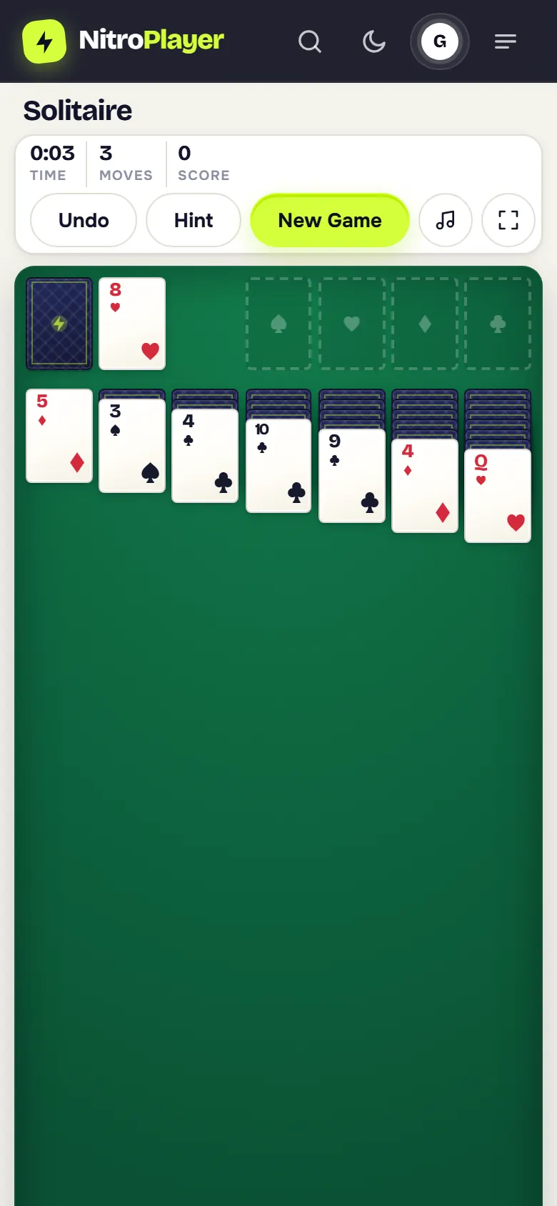 Klondike Solitaire game in progress with seven tableau columns on a phone