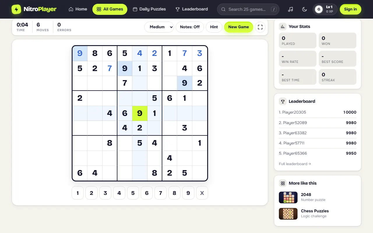 Sudoku puzzle in progress on a 9x9 grid in a desktop browser
