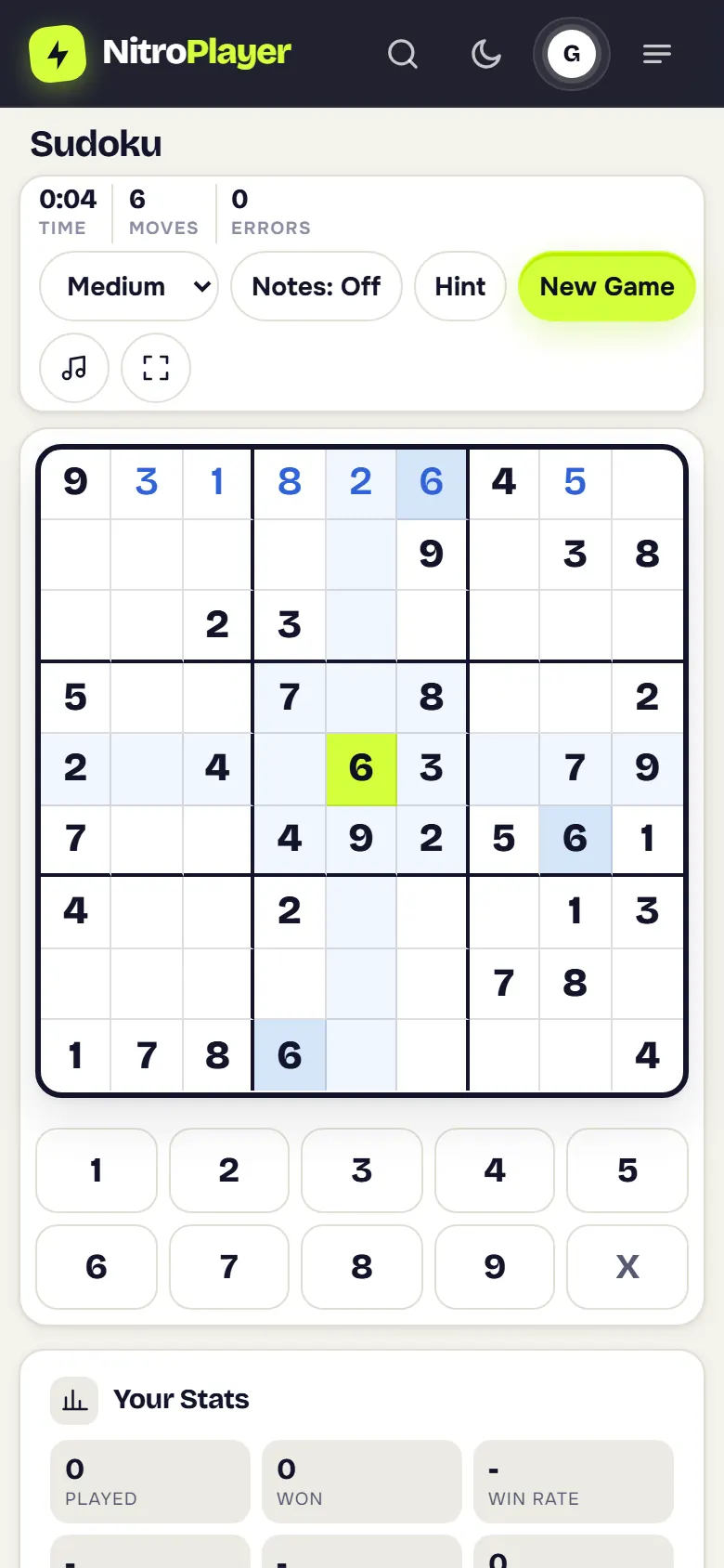 Sudoku puzzle in progress on a 9x9 grid on a phone
