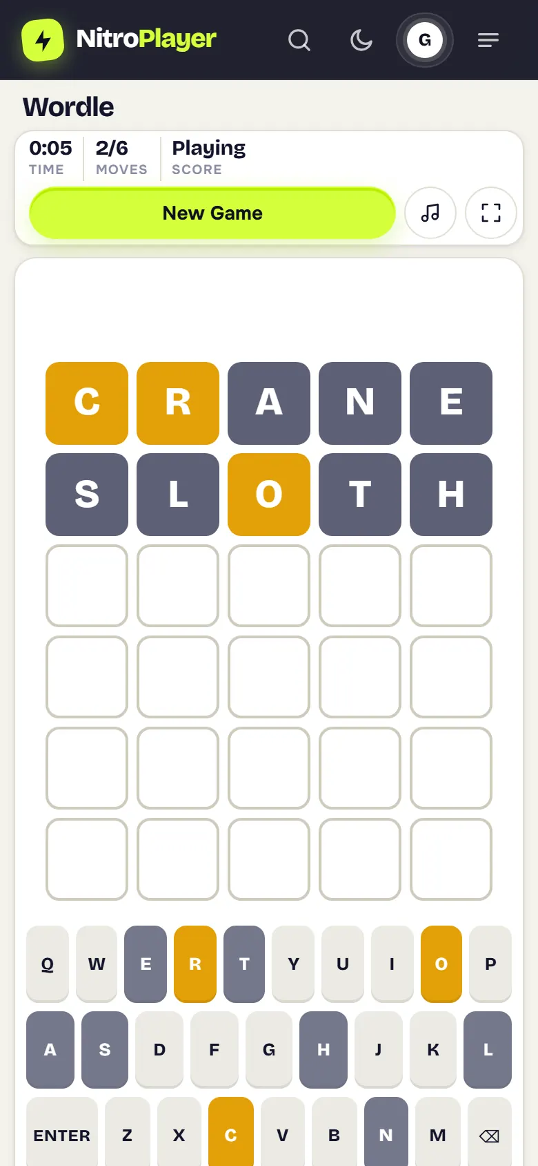 Wordle game in progress with colored letter guesses on a phone